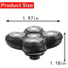A black universal 5-in-1 replacement shaver head with dimensions of 1.97 inches by 1.18 inches.