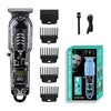 A professional rechargeable hair trimmer kit showing the main unit and various attachments.