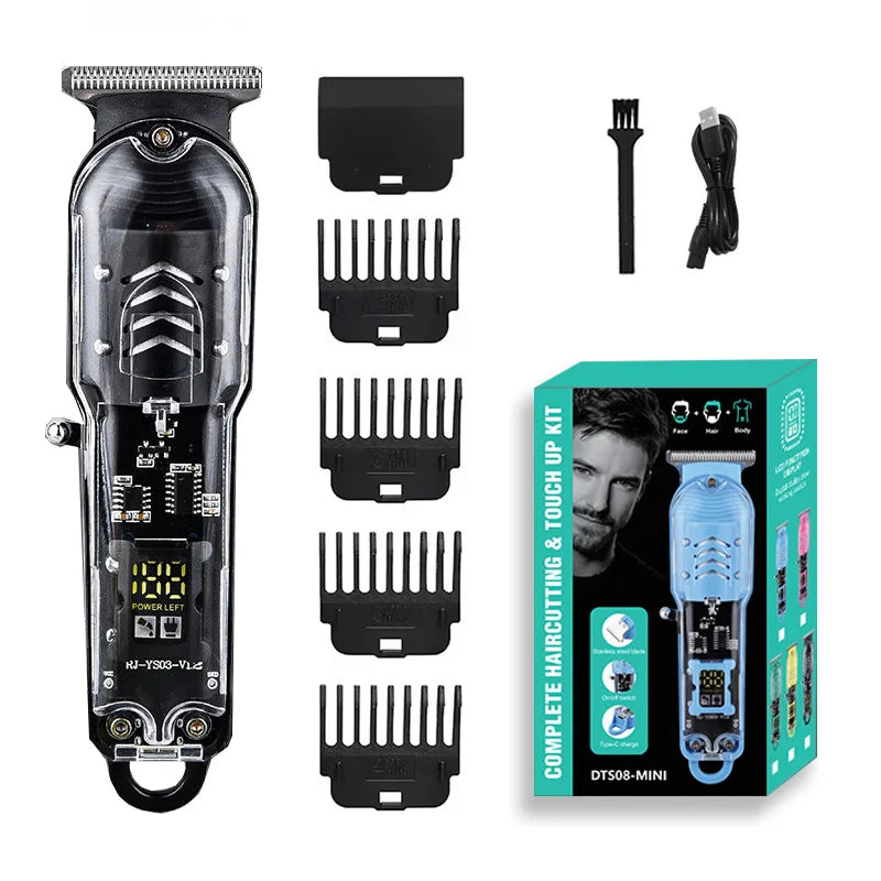 A professional rechargeable hair trimmer kit showing the main unit and various attachments.