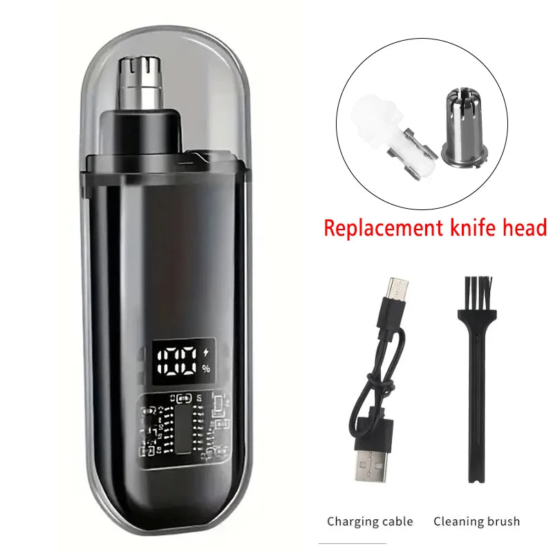 A black rechargeable nose hair trimmer with a digital display, charging cable, and cleaning brush shown in detail.