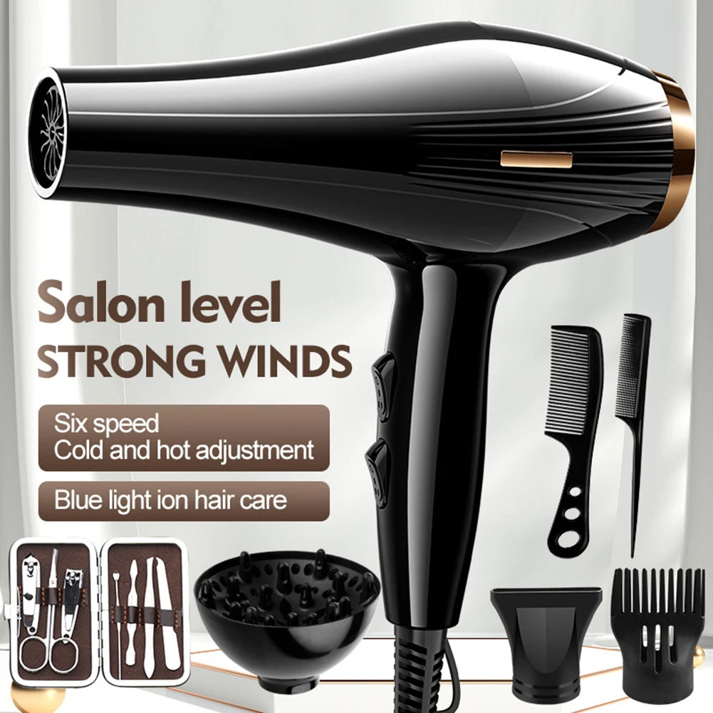 Schwarzer Salon-Haartrockner mit starkem Wind und Hitzeeinstellung, gezeigt mit verschiedenen Stylingwerkzeugen.