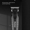 A black Kemei salon level electric scissor is displayed on a white marble stand.