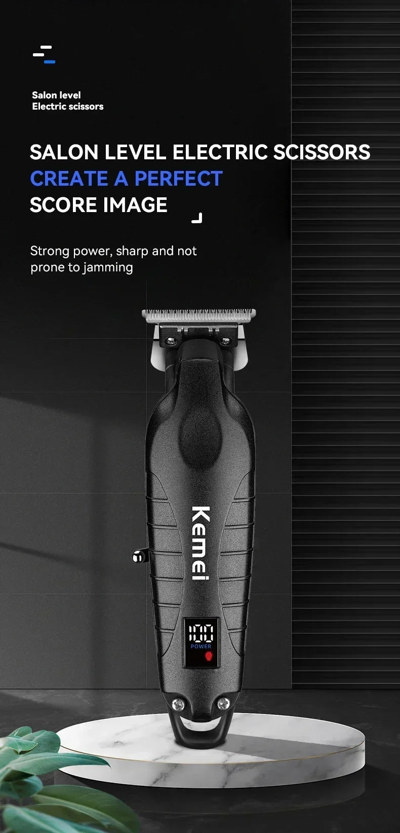 A black Kemei salon level electric scissor is displayed on a white marble stand.