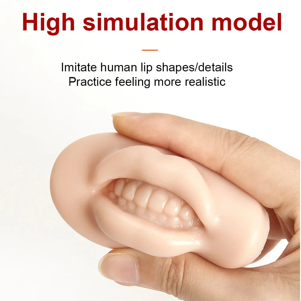 A hand holds a pink silicone lip model, demonstrating realistic human lip shapes for practice.