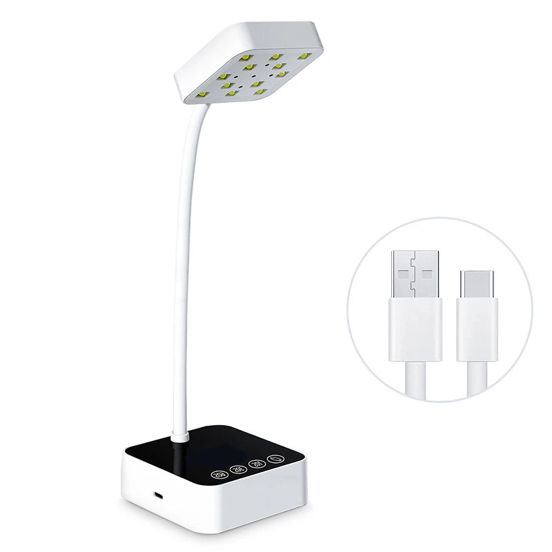 A white professional UV LED nail lamp with a flexible arm and a black base, showing the light head and power connection.