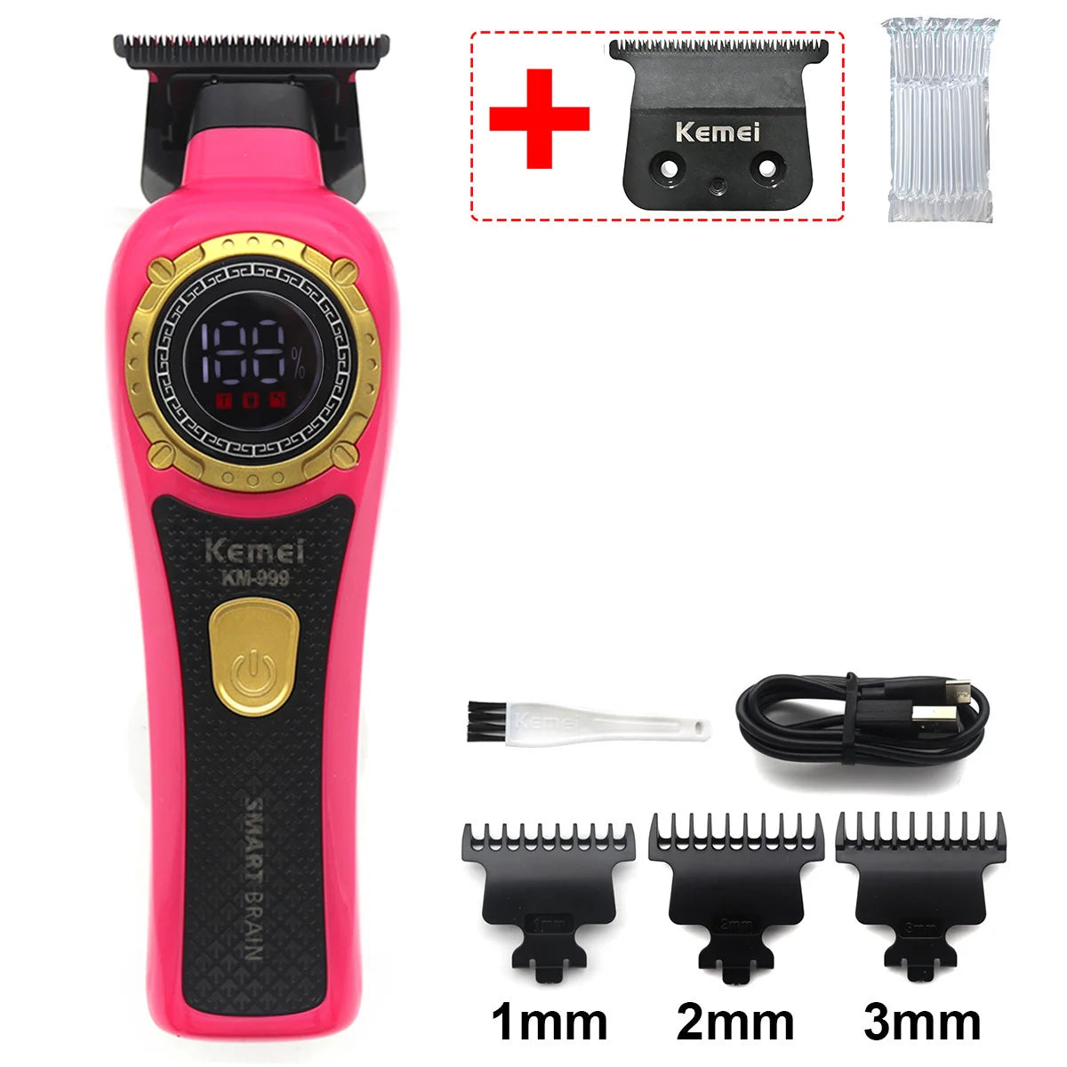Pinker Elektroscheren-Haartrimmer mit schwarzem Gehäuse und goldenen Akzenten, neben Ersatzaufsätzen.