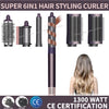 Un set de seis rizadores para el cabello de 6 en 1 en varios colores y acabados, incluyendo un rizador morado y uno negro.