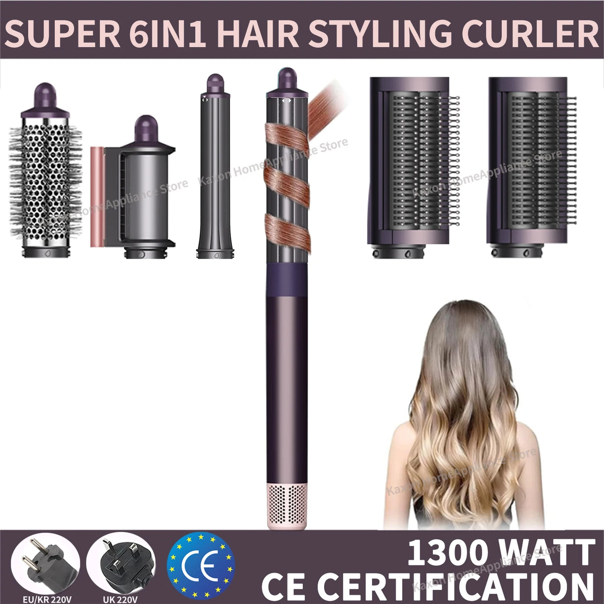 Un set de seis rizadores para el cabello de 6 en 1 en varios colores y acabados, incluyendo un rizador morado y uno negro.