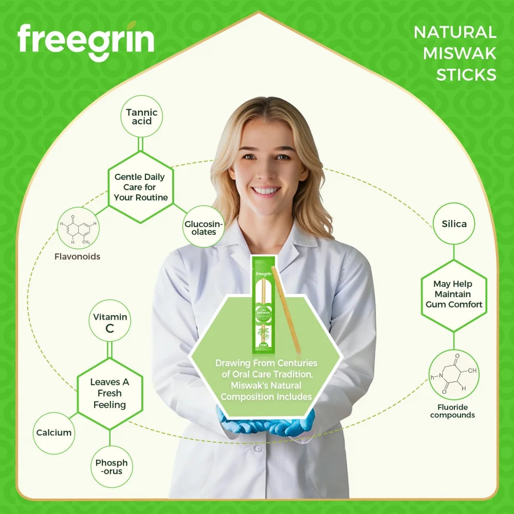 A woman holds a natural miswak stick product surrounded by icons detailing its benefits like tannins, flavonoids, and silica.