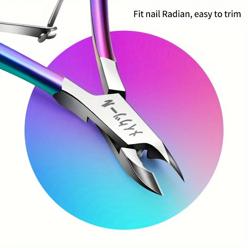 A pair of professional stainless steel nail and cuticle clippers shown against a vibrant purple background.