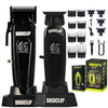 A set of black professional electric hair clipper attachments and a main unit for grooming.