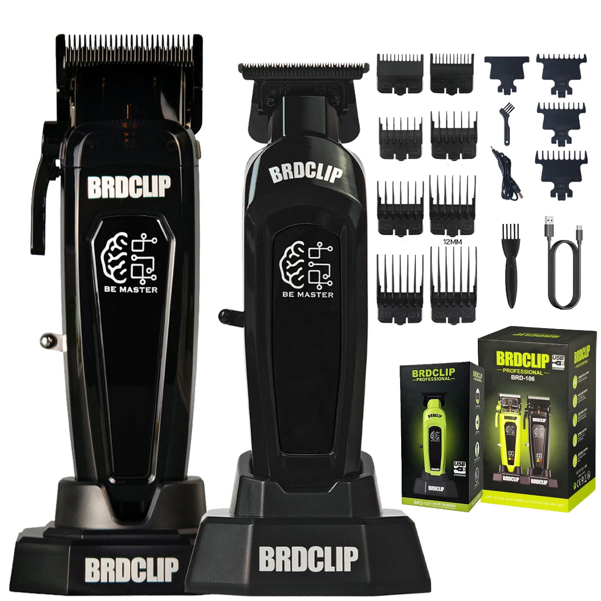 A set of black professional electric hair clipper attachments and a main unit for grooming.