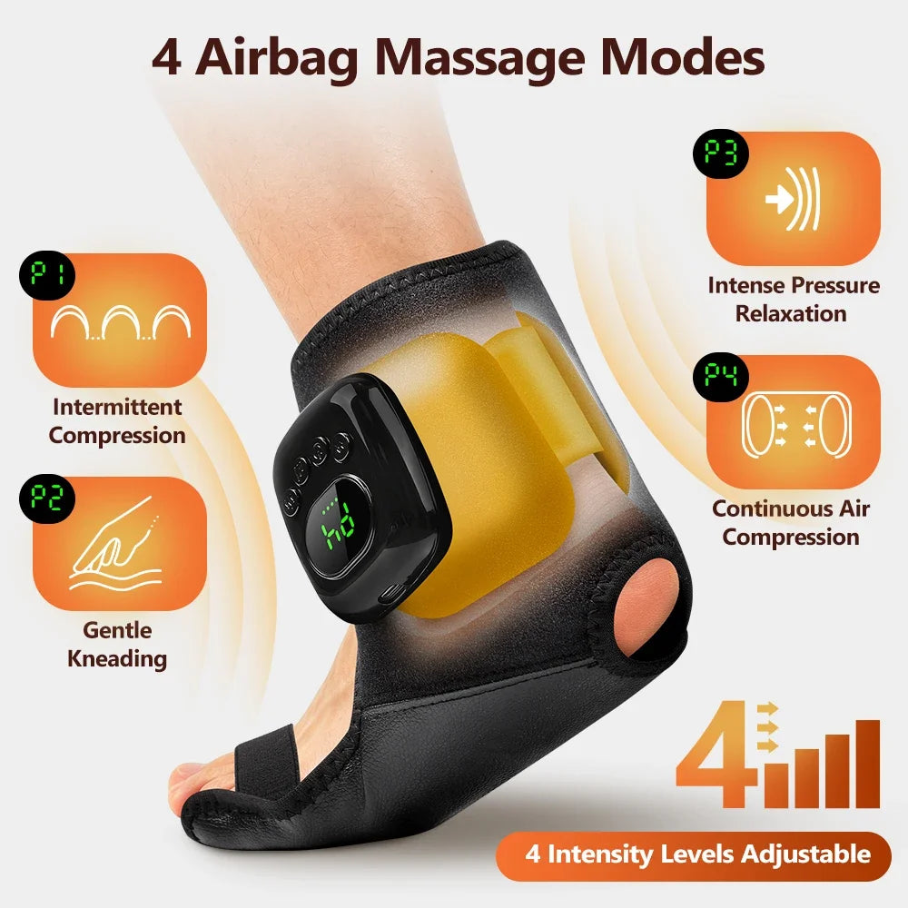 Black inflatable massage device for the ankle with four modes and adjustable intensity levels