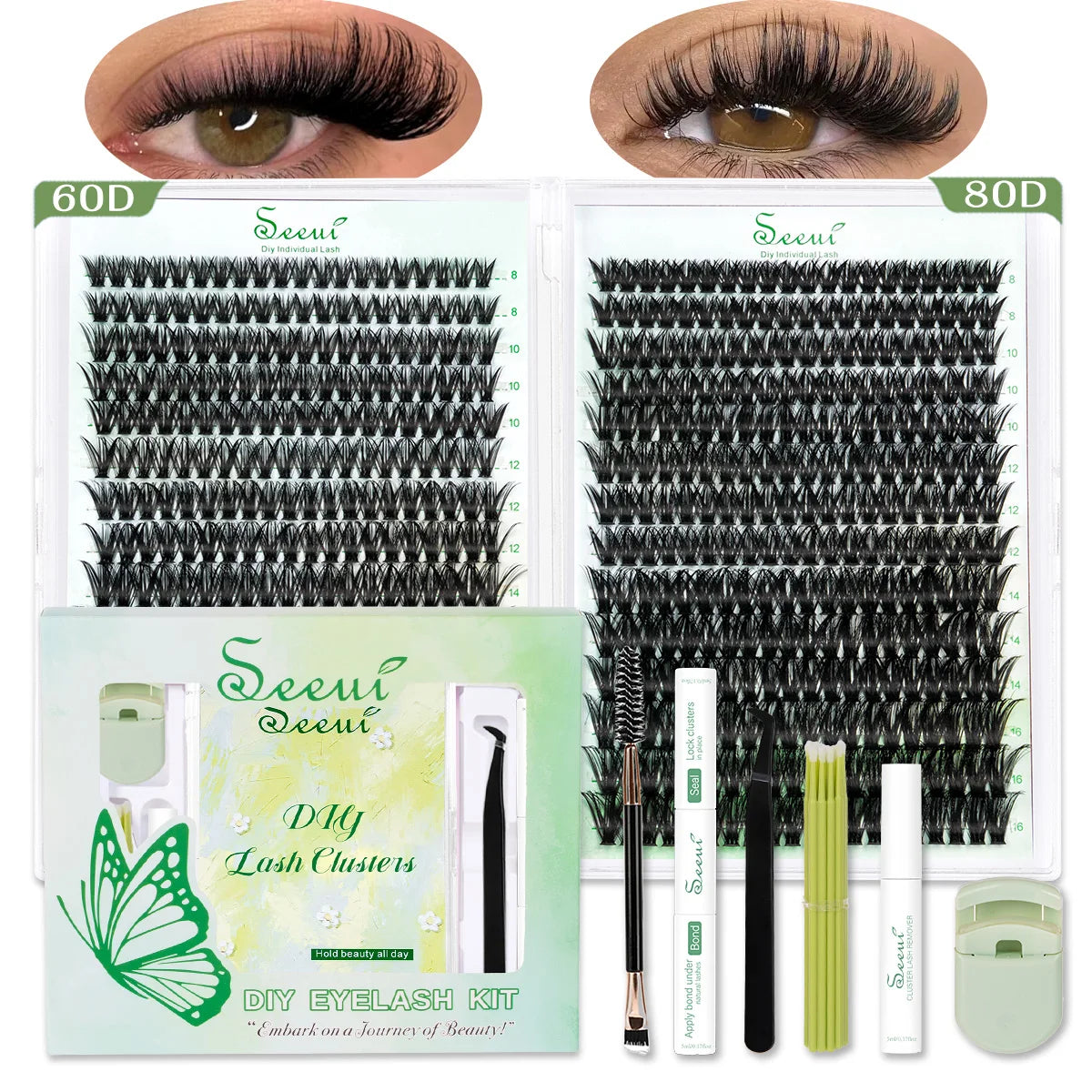 A set of DIY eyelash clusters for natural look extensions, shown with 60D and 80D options.