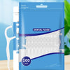 A blue package of dental floss with 100 pieces and a white plastic toothpick shown next to a wooden surface.