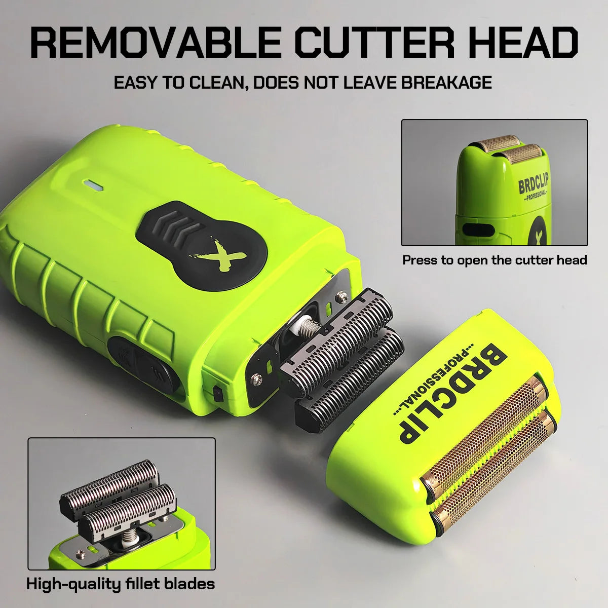 A bright lime green removable cutter head for a professional double foil electric shaver trimmer with high-quality fillet bla