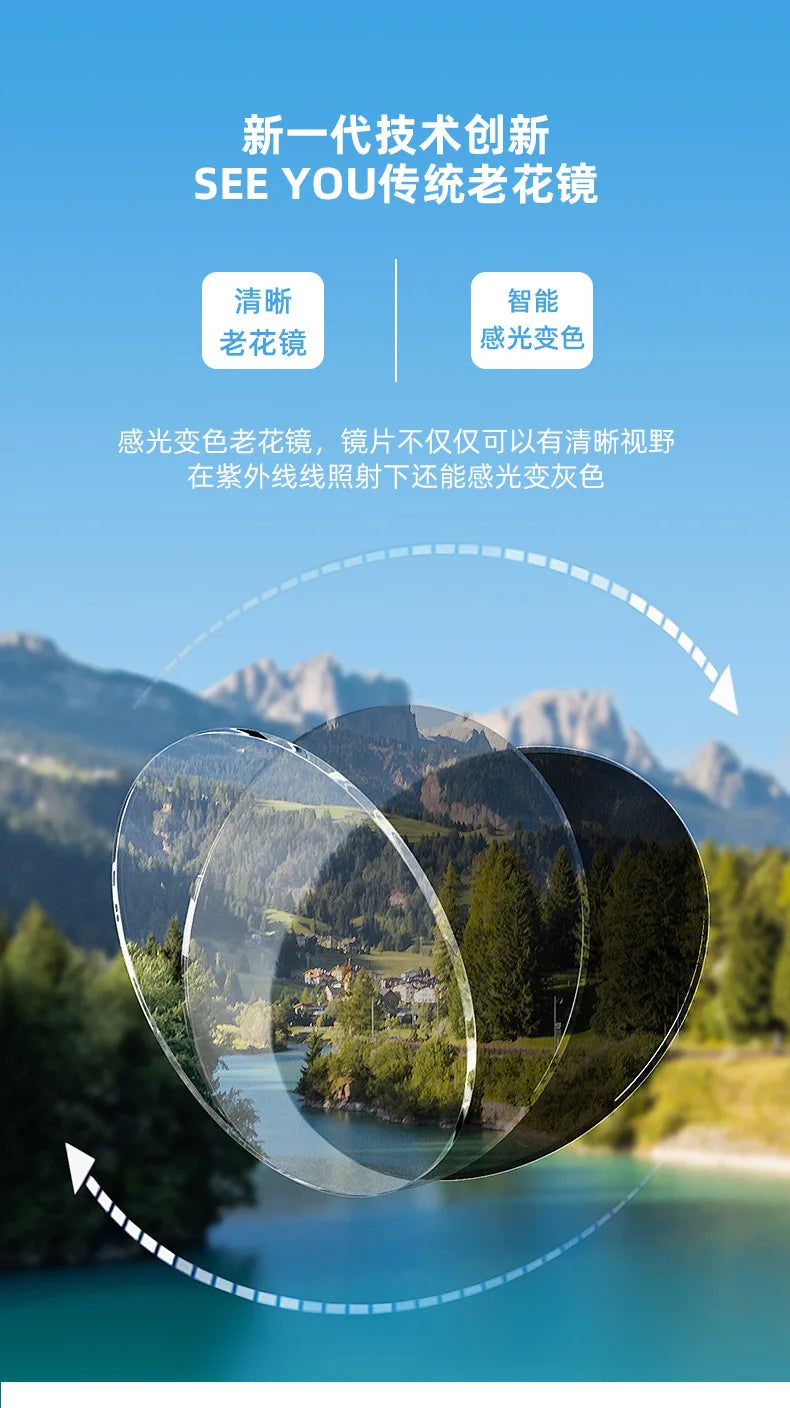 Photochromic reading glasses that change color and offer anti-blue light protection, shown over a scenic landscape.
