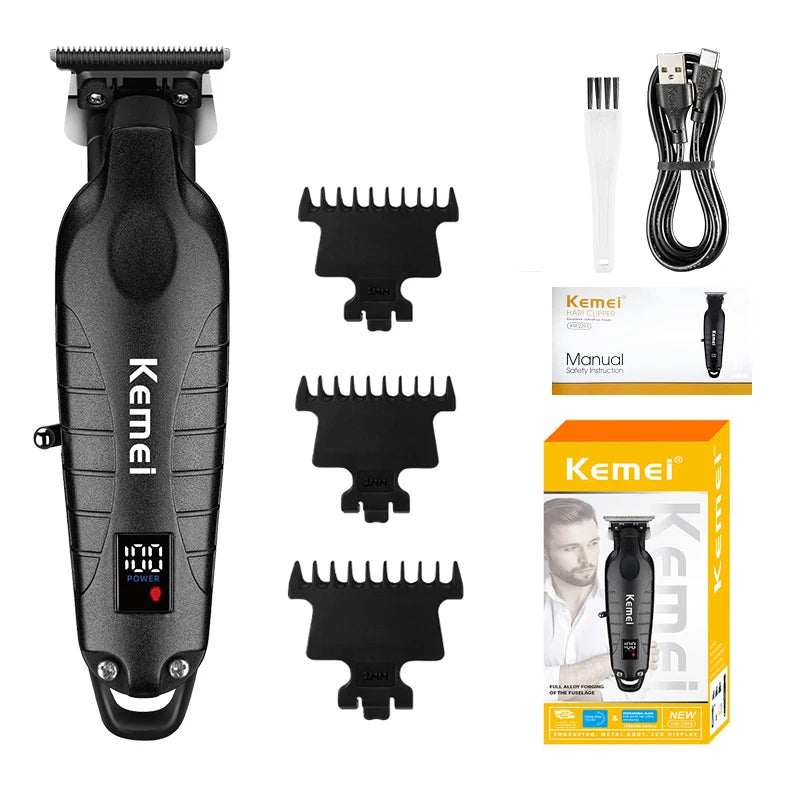 A black professional rechargeable electric hair clipper trimmer with various interchangeable cutting combs and accessories.