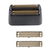 Replacement blades for a black electric shaver with gold accents.