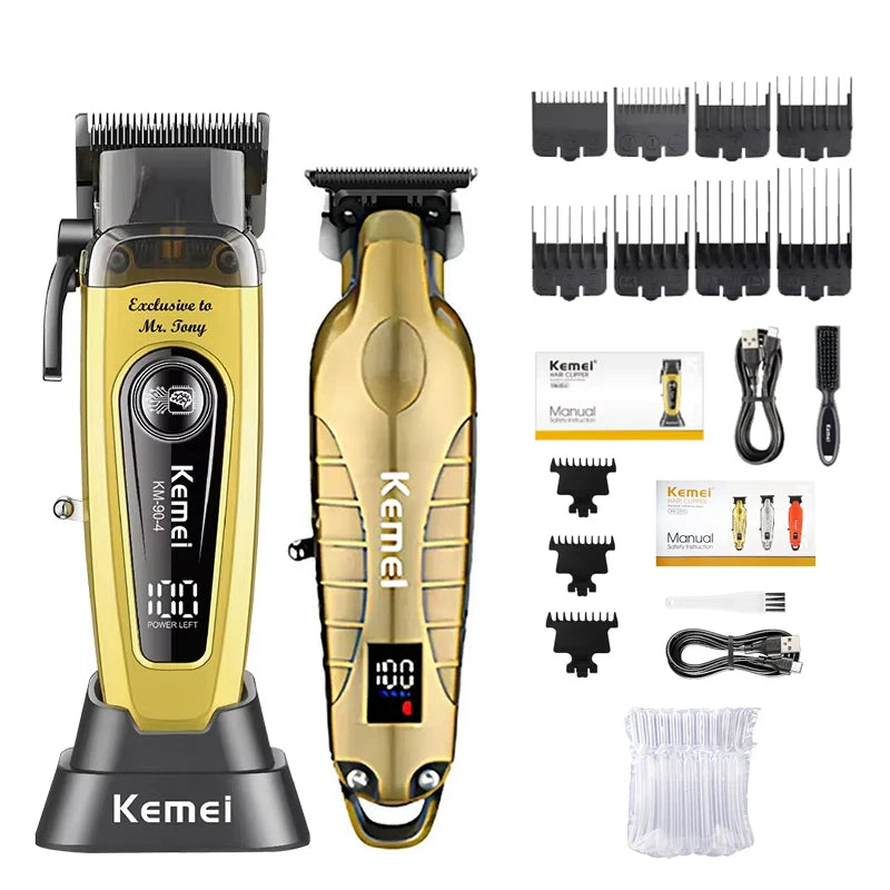 A Kemel professional rechargeable electric hair clipper with various attachments and accessories.