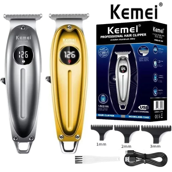 Un ensemble de tondeuses et ciseaux professionnels Kemei avec écran LED et accessoires.
