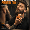 A man is using a Dual Head Precision Trim beard grooming tool in a mirror for close-up shaving.