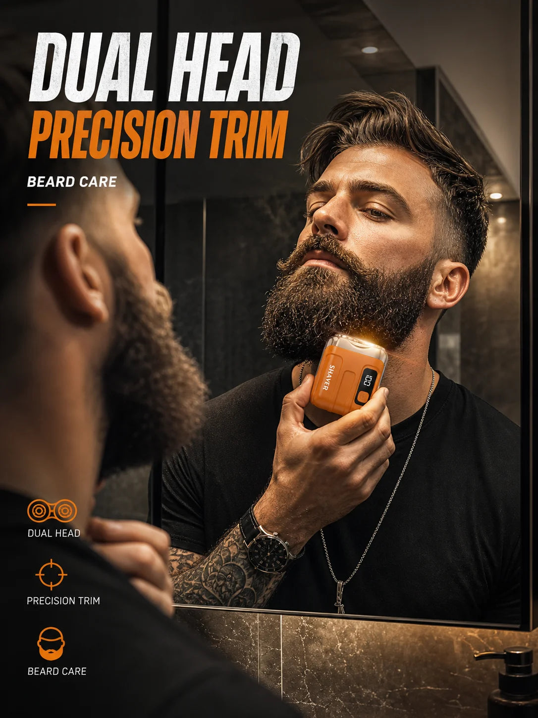 A man is using a Dual Head Precision Trim beard grooming tool in a mirror for close-up shaving.