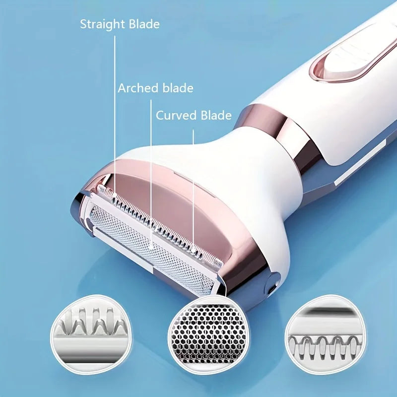 Close-up view of a white and rose gold electric shaver showing straight, arched, and curved blades.