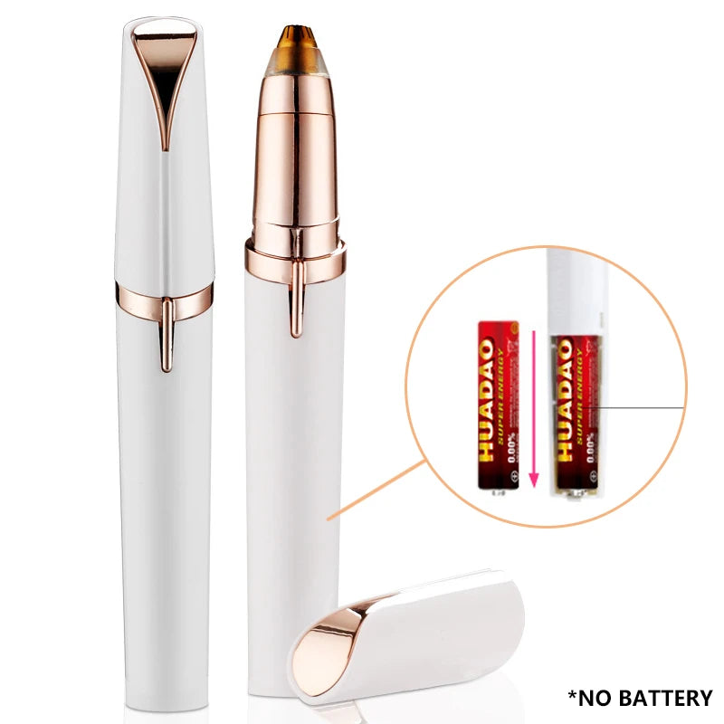 A white precision electric eyebrow trimmer with a rose gold finish shown alongside its components.