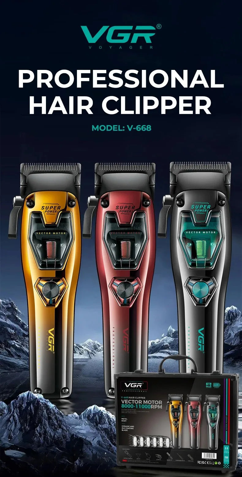 VGR Model V-668 professional hair clipper shown with accessories on a dark background.
