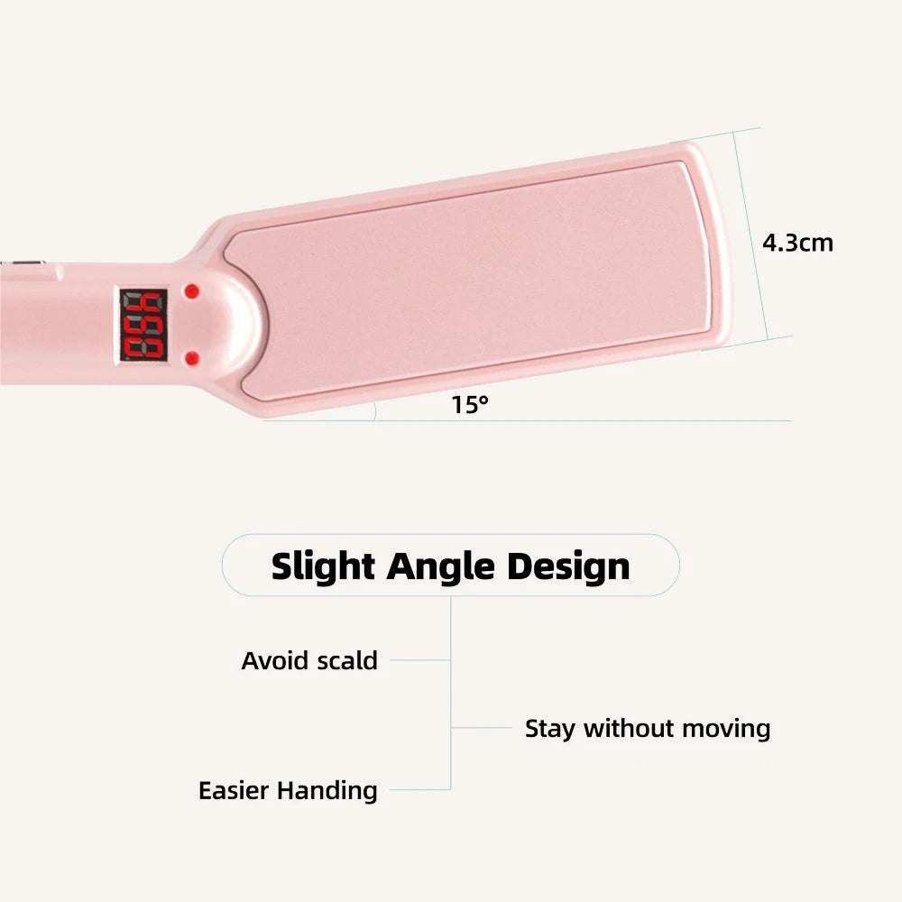 A pink professional titanium hair straightener with a slight angle design for easier handling and to avoid scalding.