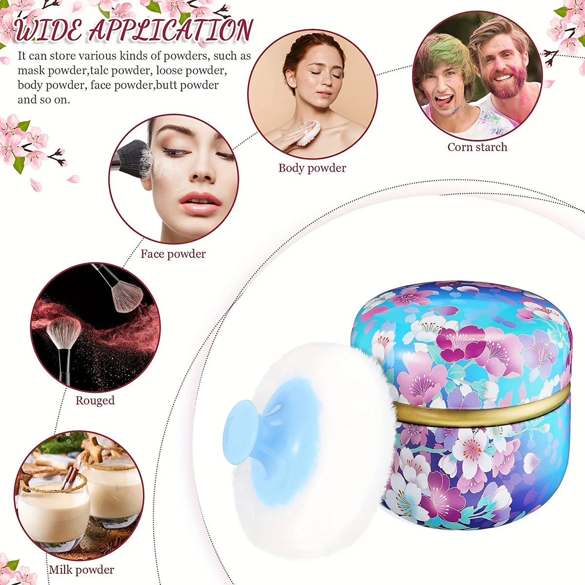 Poudrier portable et boîtier montrant divers poudres comme poudre de corps, poudre de visage et fécule de maïs.