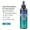 A bottle of Super Bonding Glue for Hair Systems, a clear liquid in a dark bottle with a black cap.