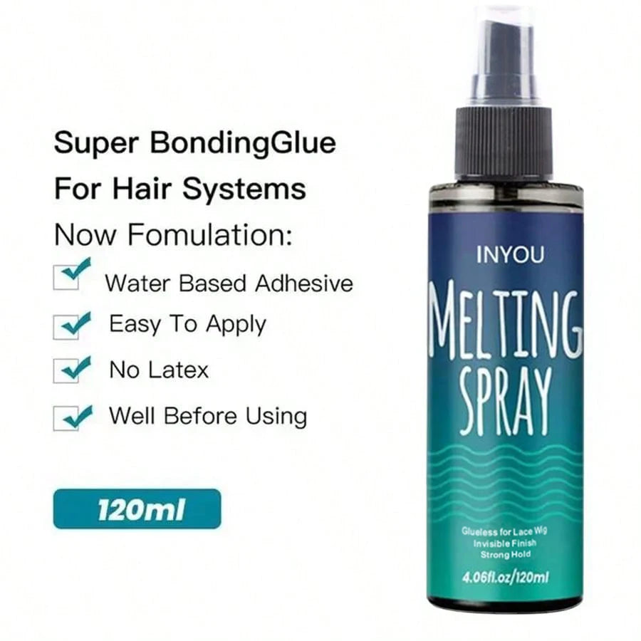 A bottle of Super Bonding Glue for Hair Systems, a clear liquid in a dark bottle with a black cap.