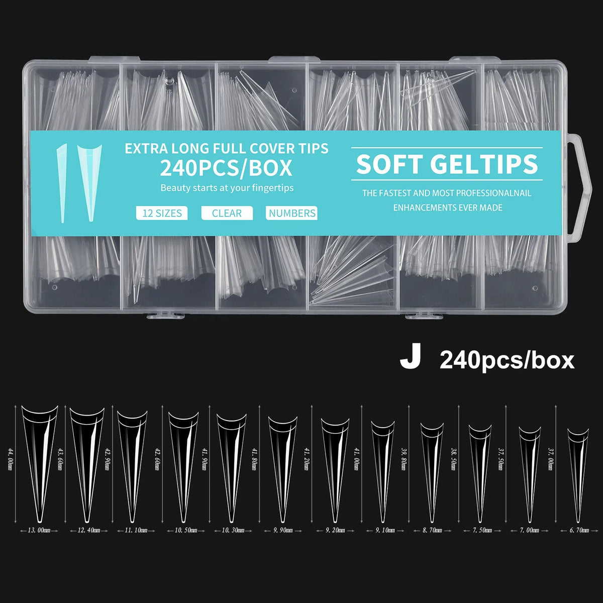 Boîte en plastique transparent contenant 240 pointes de ongles en acrylique en forme de C allongées de différentes tailles et