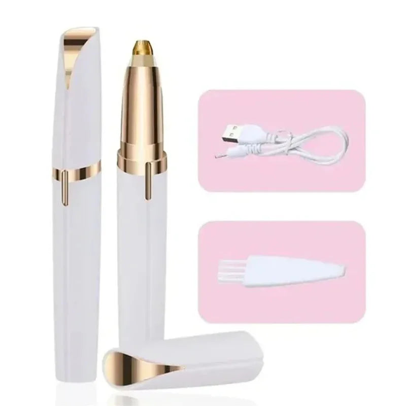 A white portable electric trimmer with a gold tip and a white plastic comb attachment.