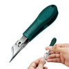 A hand holds a green stainless steel slant edge nail clipper, showing the tool's sharp point.