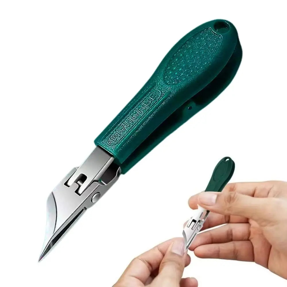A hand holds a green stainless steel slant edge nail clipper, showing the tool's sharp point.