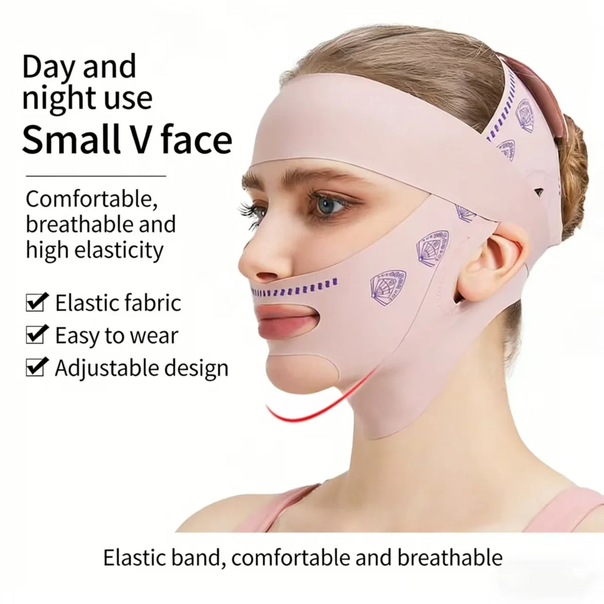 A woman is wearing a pink V-shaped face mask for day and night use, highlighting its elastic fabric and adjustable design.