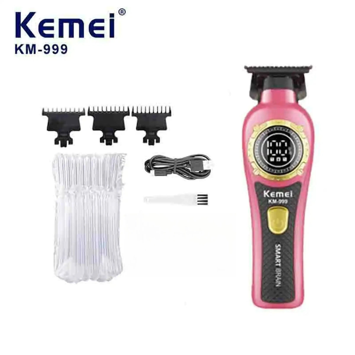 A pink Kemei KM-999 cordless electric hair clipper with a black charging cable and multiple hair cutting attachments.