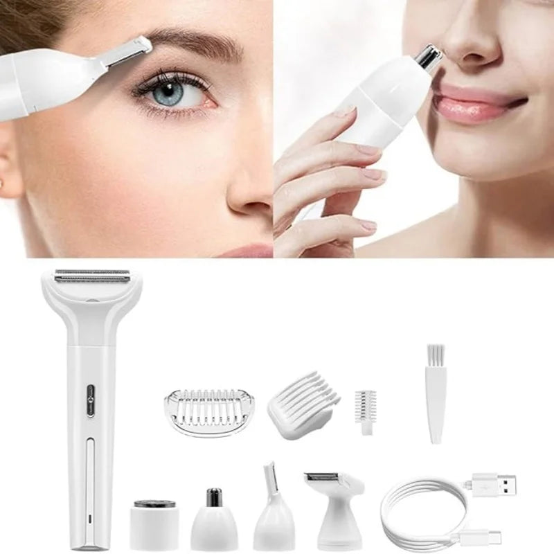 A collection of electric hair removal tools including facial devices, a trimmer, and various grooming implements.