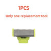 One replacement tool for a portable rechargeable electric shaver, shown as a gray and silver comb-like device.