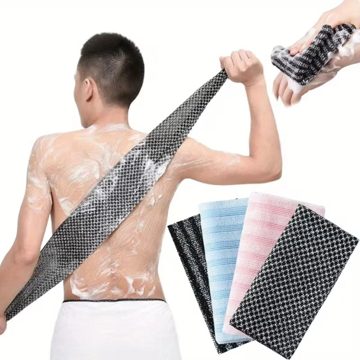A person is using a black exfoliating loofah on their back, showing the product's texture and use.