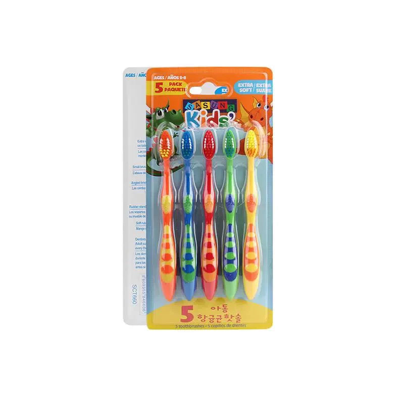 A box containing a 5 pack of kids' dental toothbrushes and related accessories.