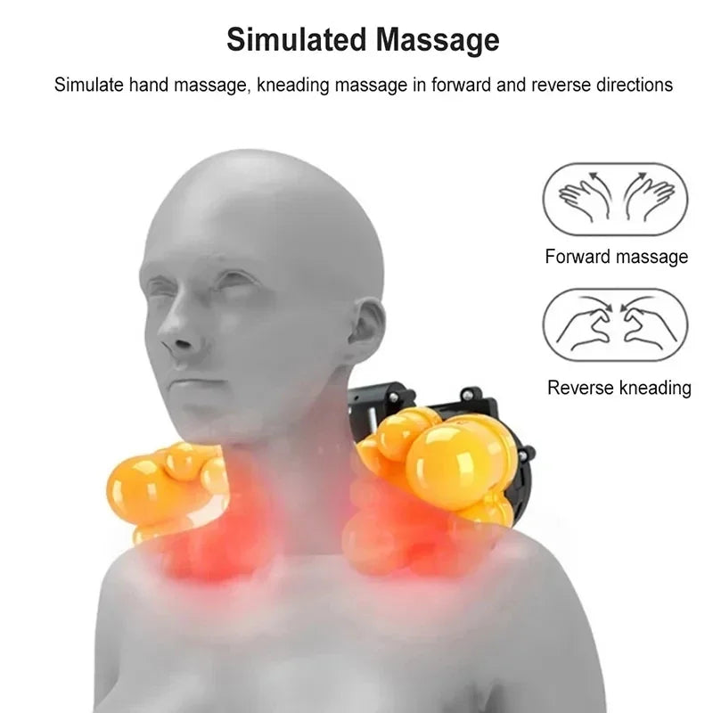 Simuliertes Massagegerät mit gelben Heizpads auf dem Rücken und der Schulter eines Mannequin-Kopfes.