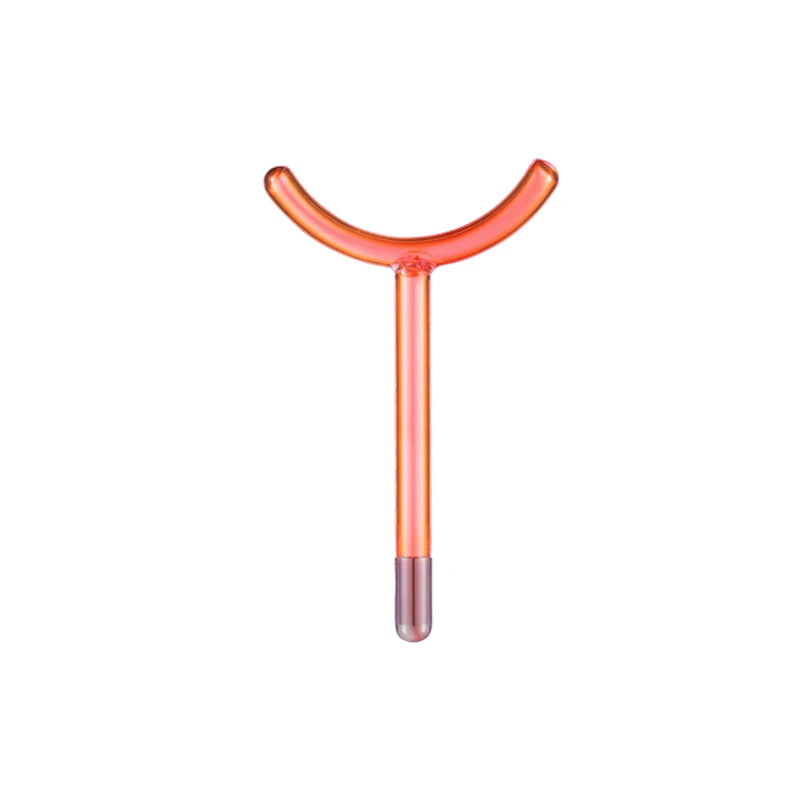 An orange high frequency facial electrotherapy wand with a curved head and a long, straight shaft.