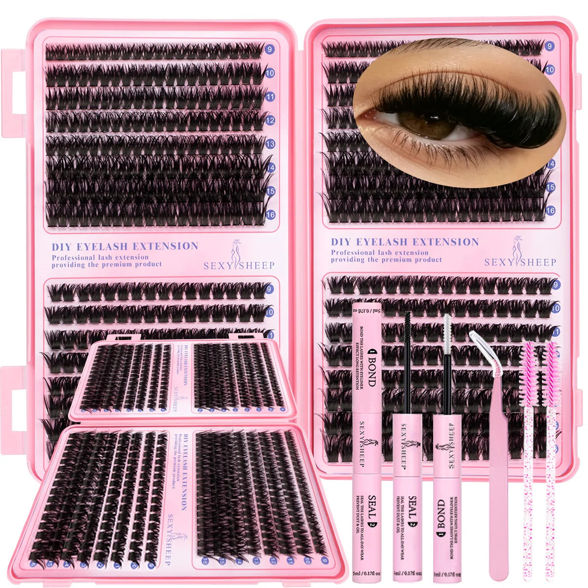 A pink kit for DIY eyelash extension featuring multiple lash clusters and tools.