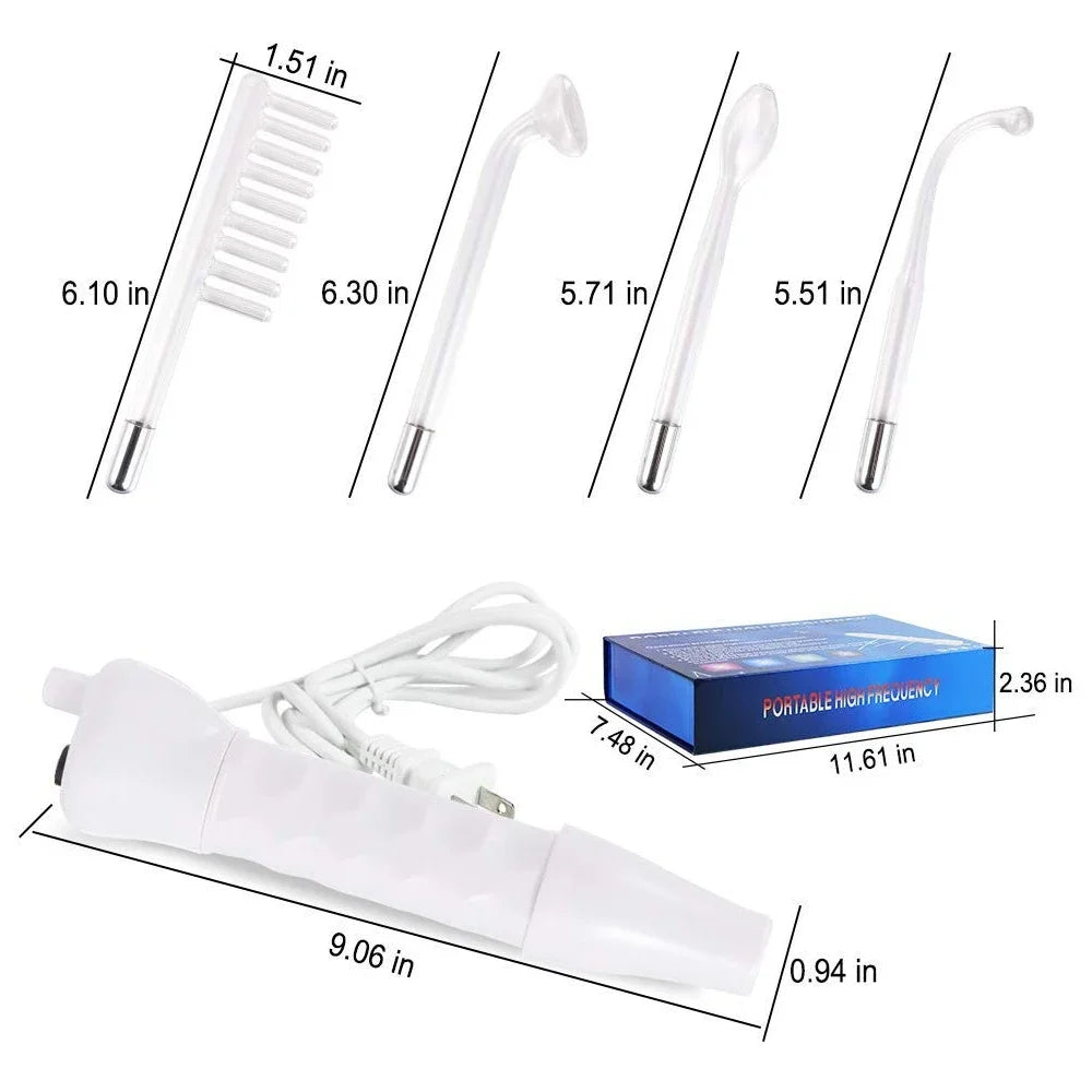 A white 4-in-1 high-frequency electrotherapy wand with various attachments and a cord.