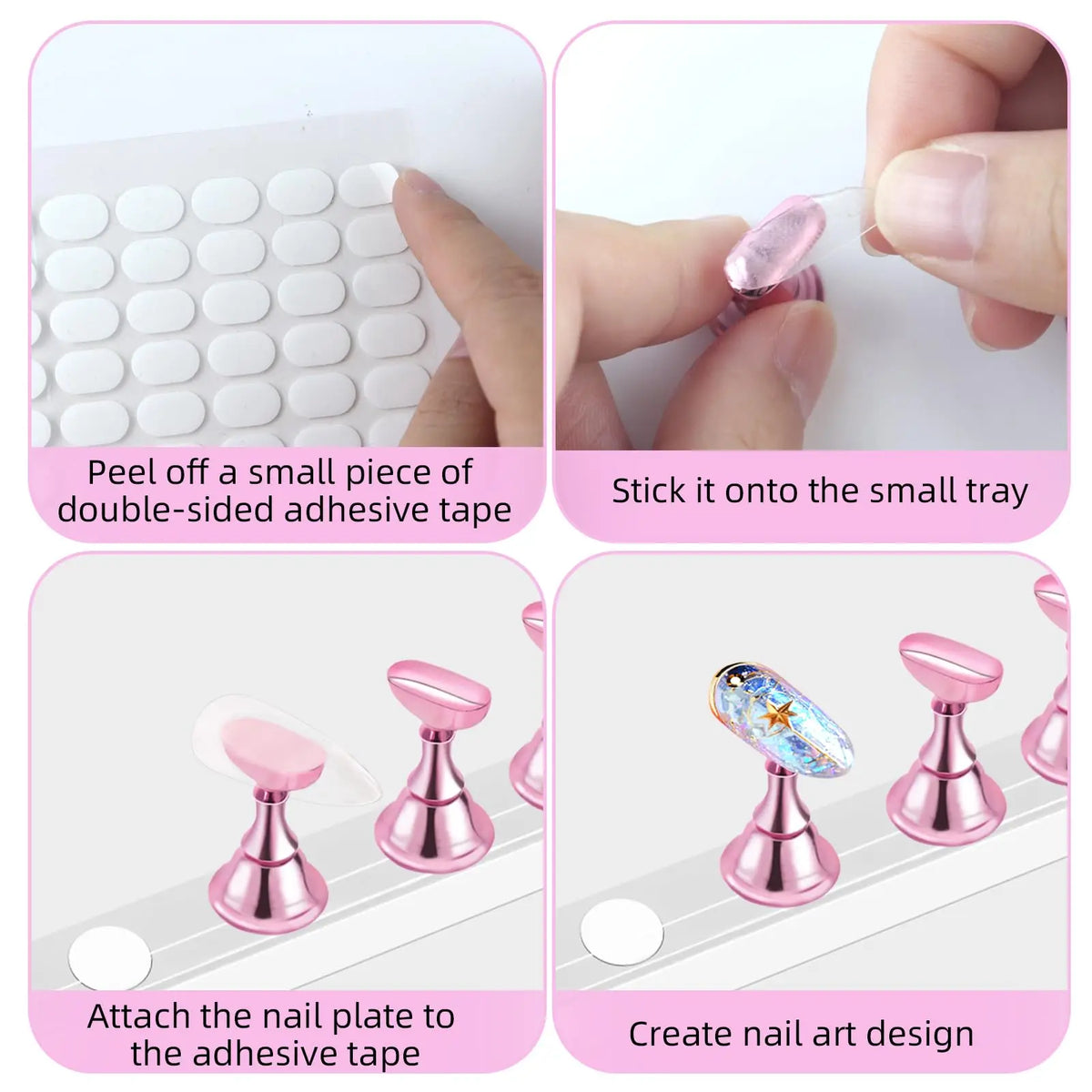 A set of nail practice stands and pink nail art designs attached to double-sided adhesive tape.