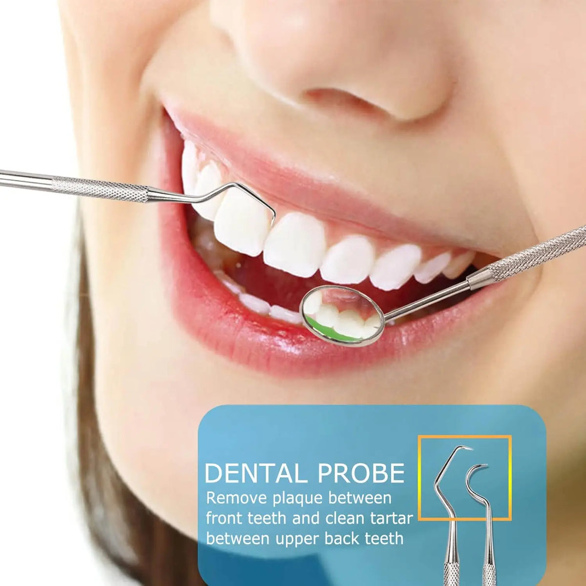 A close-up of a person's mouth showing a dental probe being used to clean tartar between teeth.